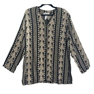 Vtg AMARA Women Paisley Long Sleeve‎ Button Front Blouse Sz XL Black Gold 56-28